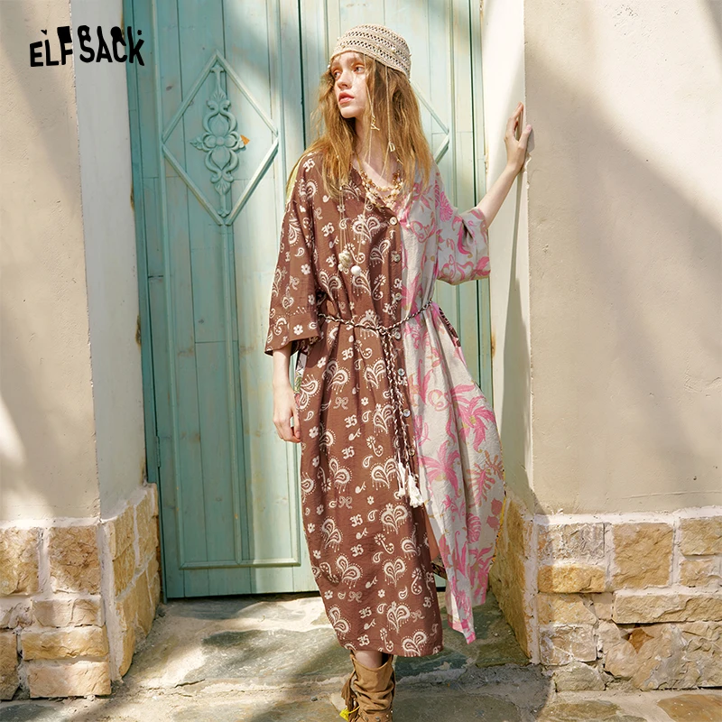 ELFSACK Women's Patchwork Midi Dress with Mixed Fruit Floral Print, V Neck Half Sleeve Drawstring Waist Dress for Vacation