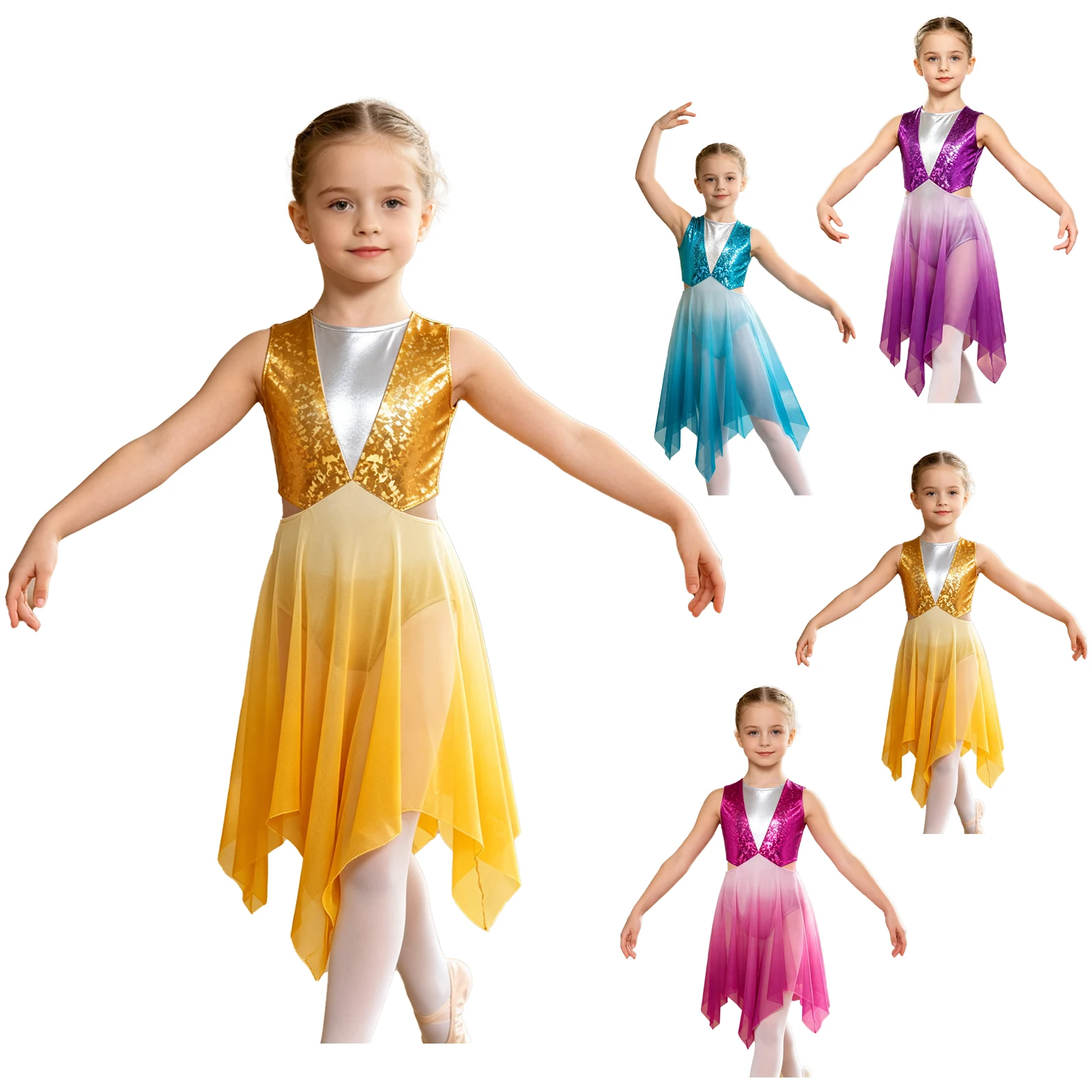 Kids Girls Lyrical Dance Dress Sleeveless Metallic Bodice Mesh Ballet Gymnastics Leotard Praise Worship Contemporary Dancewear - view 4