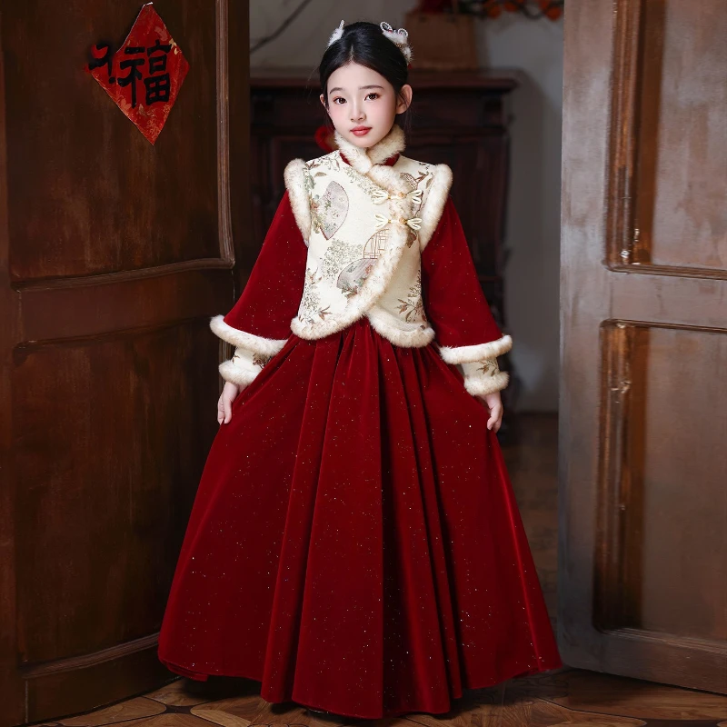 

2026 Girls Chinese New Year Dress, Winter Faux Fur Coat Traditional Princess Gown for Kids Festive Outfit New Arrival