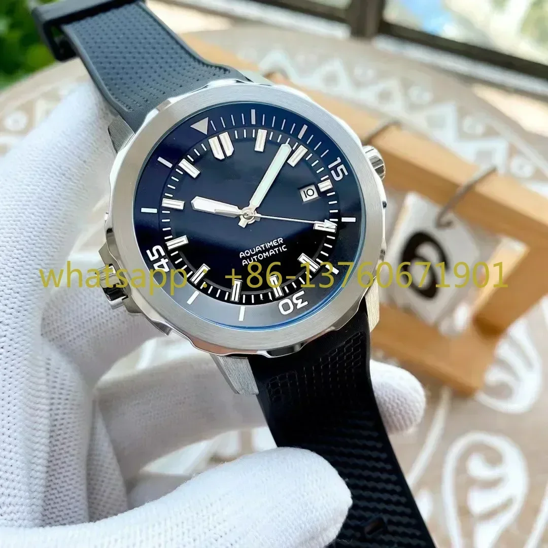 Luxury New Men's Automatic Mechanical Watch Stainless Steel Black Blur Rubber Strap Aquatimer 44MM Sapphrie Glass