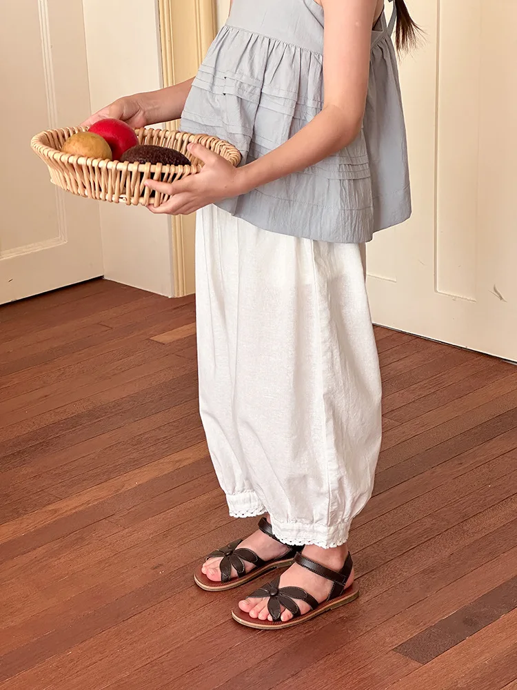 

Детские хлопковые штаны для девочек, летние детские удобные повседневные брюки из чесаного хлопка с кружевными краями и закрытым ртом