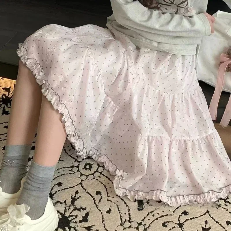 Sweet Ruffle Pink Polka Dot Half Length Skirt for Women Summer New Cute High Waist Slim Skirts Harajuku Chic Puffed Skirt New