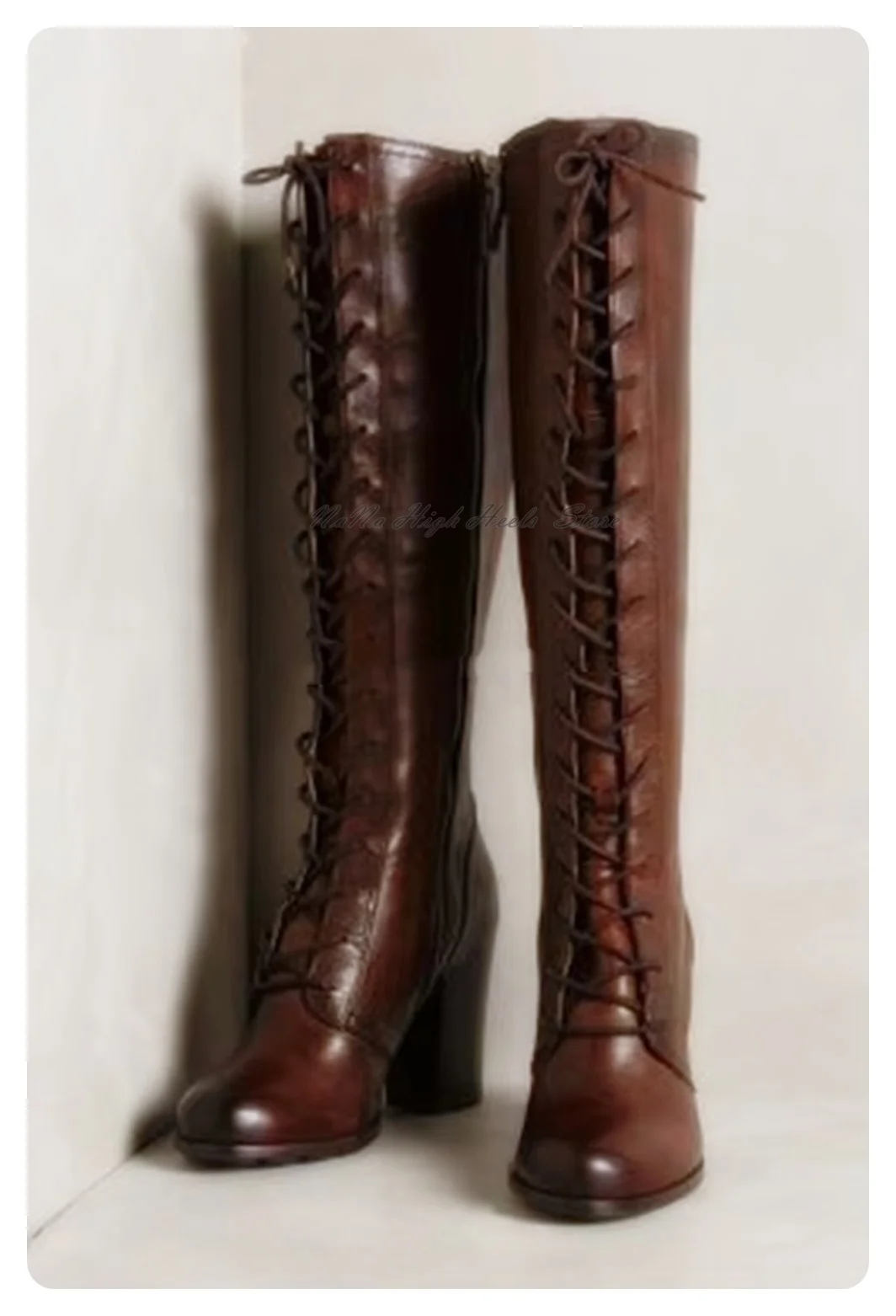 

Гладиаторские сапоги до колена со шнуровкой и круглым носком, модные женские туфли на массивном высоком каблуке, роскошные кожаные сапоги, женская пикантная обувь