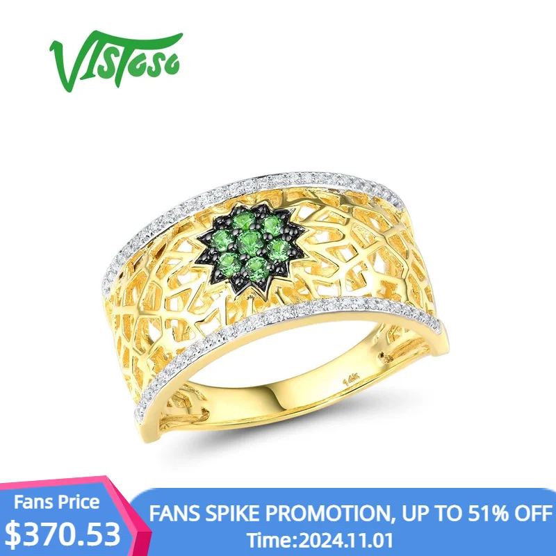 

VISTOSO Genuine 14K 585 Yellow Gold Ring For Women Sparkling Green Garnet Diamond Flower Ring Gorgeous Fashion Fine Jewelry