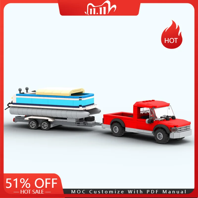 

307 PCS MOC Technology Pontoon Boat With Trailer Model Modular Building Block Diy Assembly Children Toy Birthday Christmas Gifts