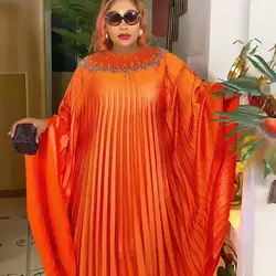 Boubou-Robe Africaine Plissée pour Femme, Vêtement Africain avec Décoration de Perles en Pierre