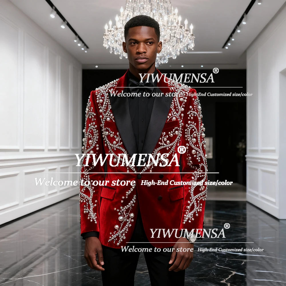 

Beaded Pearls Wedding Suits For Men 2 Pieces Sets Black Peaked Lapel Prom Blazers Customized Male Fashion Groom Tuxedos Luxury