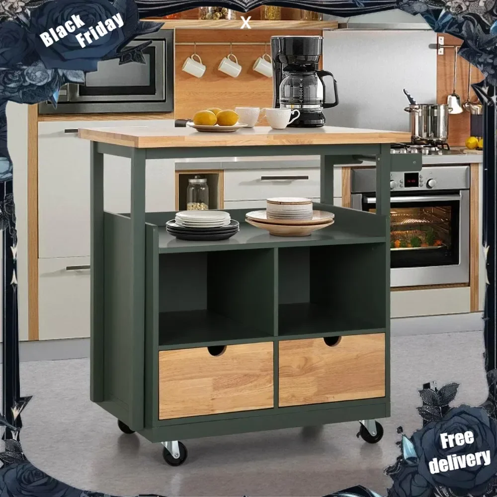 Rollende Küchen insel auf Rädern, mobiler Küchen wagen wagen mit Gummi holz tischplatte und offenen Regalen