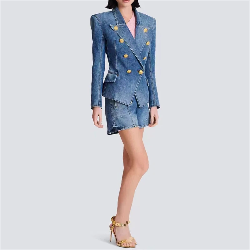 2024FW nuova giacca da donna in denim a maniche lunghe lavato in puro cotone doppiopetto con risvolto y2k giacca casual fashionCasual di alta qualità