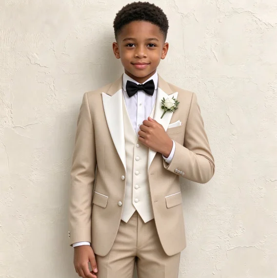 Boys 3 Piece Formal Tuxedo Set with Jacket Vest Pants Peak Lapel Blazer Elegant Wedding Fashion Clothes for Kids