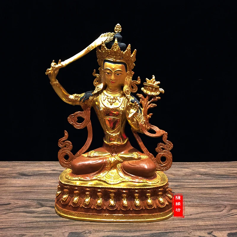 31CM large -GOOD---Buddhist Buddhism home family efficacious Protection brass Bodhisattva Manjusri Gold-plated Buddha  statue