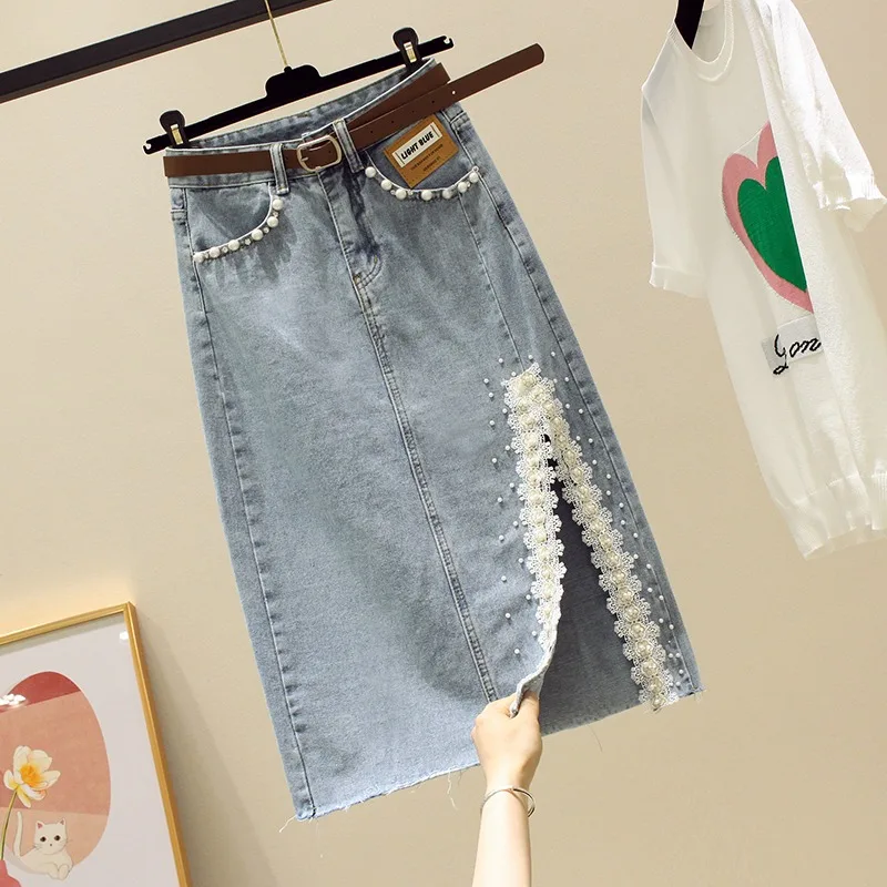 Fashion Women Denim Skirt Beading Lace Split Mid-Length Skirts Spring Summer Light Blue Lady Jean Skirt