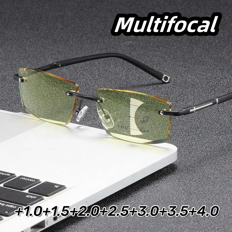 

Business Advanced Frameless Night Vision Multifocal Reading Glasses HD Blue Light Blocking Far Sight Eyeglasses +1.0 TO +4.0