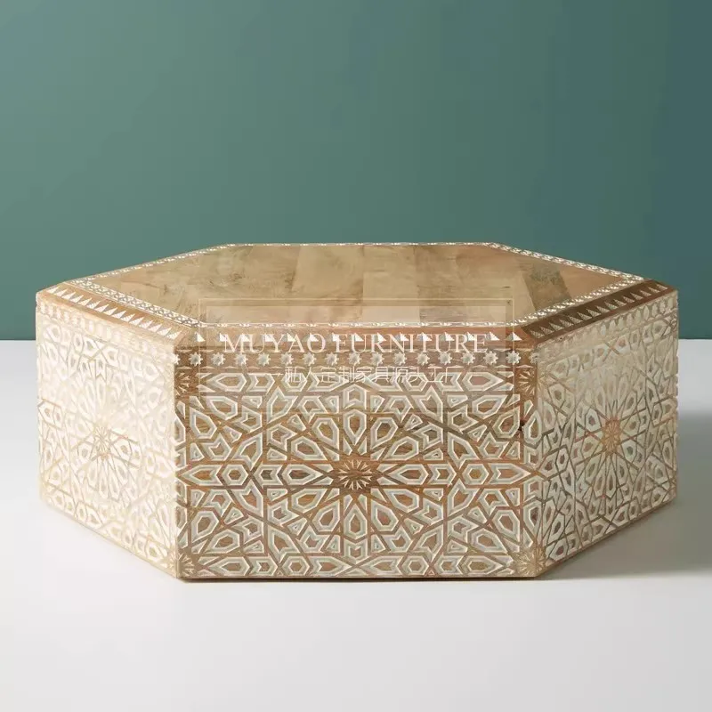 Solid wood living room coffee table French retro hand-carved coffee table grid hexagonal coffee table