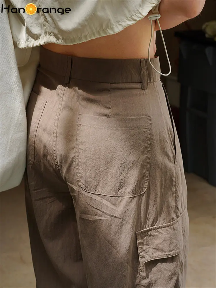 HanOrange 2026 Summer Street Fashion Cool Wide Leg Cargo Pants High Waist Casual Sunscreen Thin Trousers Female Brown/Sky Cyan
