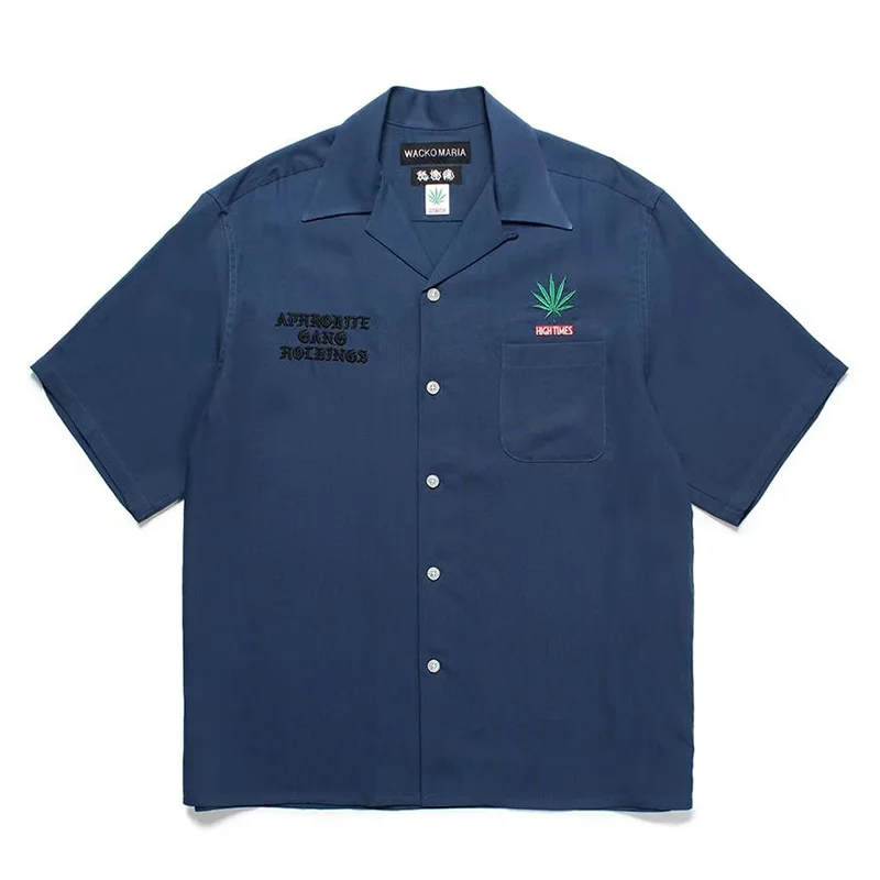 Trend Latest Mens Womens WACKO MARIA 25ss New Solid Colour Embroidered Maple Leaf LOGO Hawaii Short Sleeve Shirt