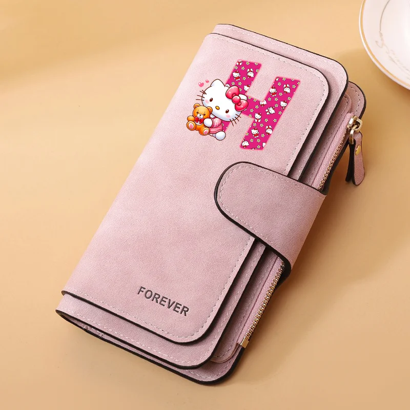Portafogli da donna con fibbia a lettera Hello Kitty Portafogli lunghi in pelle di alta qualità 15 Porta carte Portafoglio classico da donna con cerniera per donna