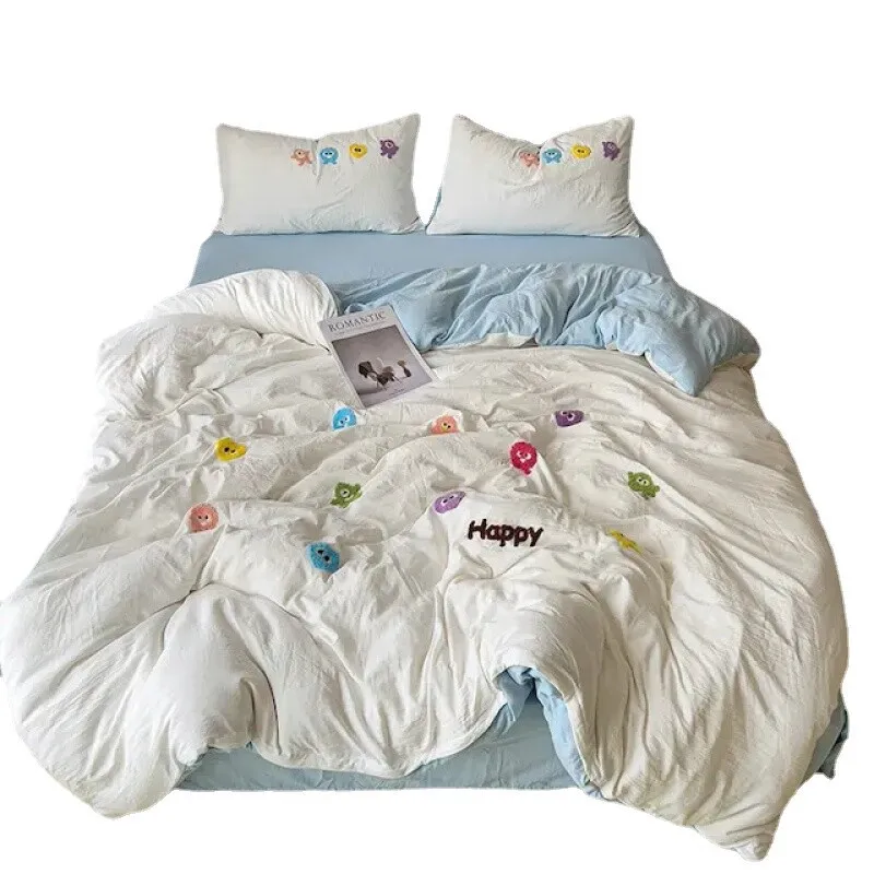 ins cute wind skin-friendly washed cotton bed four-piece set, bed sheet hat quilt cover towel embroidery dormitory 4 three-piece
