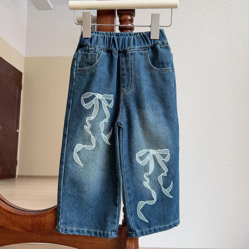 

Children's Bowknot Print Jeans New Spring Autumn Girls' Fresh Retro Sweet Loose Wide-leg Pants