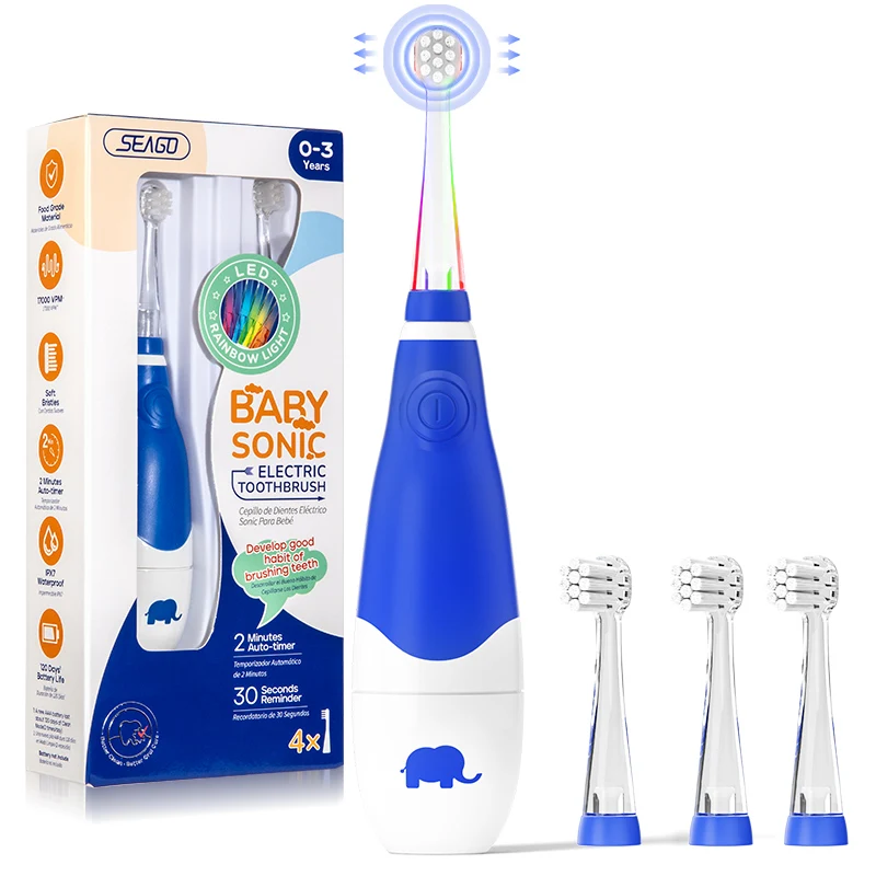 Seago Kids Electric Toothbrush LED Observing Light IPX7 Waterproof Sonic Brush with Replaceable Brush Heads Soft Bristles SG-902