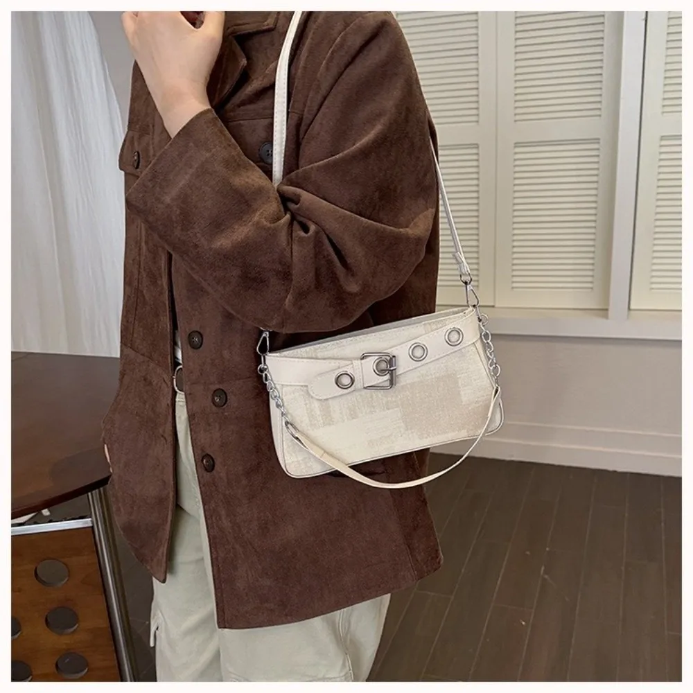 New Motorcycle Style Square Bag Chain Decor Fresh Color Shoulder Bag Buckle Detail Women Crossbody Bag Party