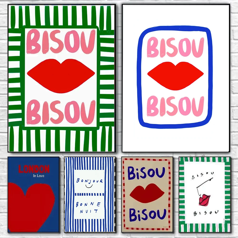 Bisou & More Amore-Cuadro francés rosa con estampado de buena mañana, buena noche, beso, póster artístico de pared para sala de estar moderna, regalos de decoración del hogar