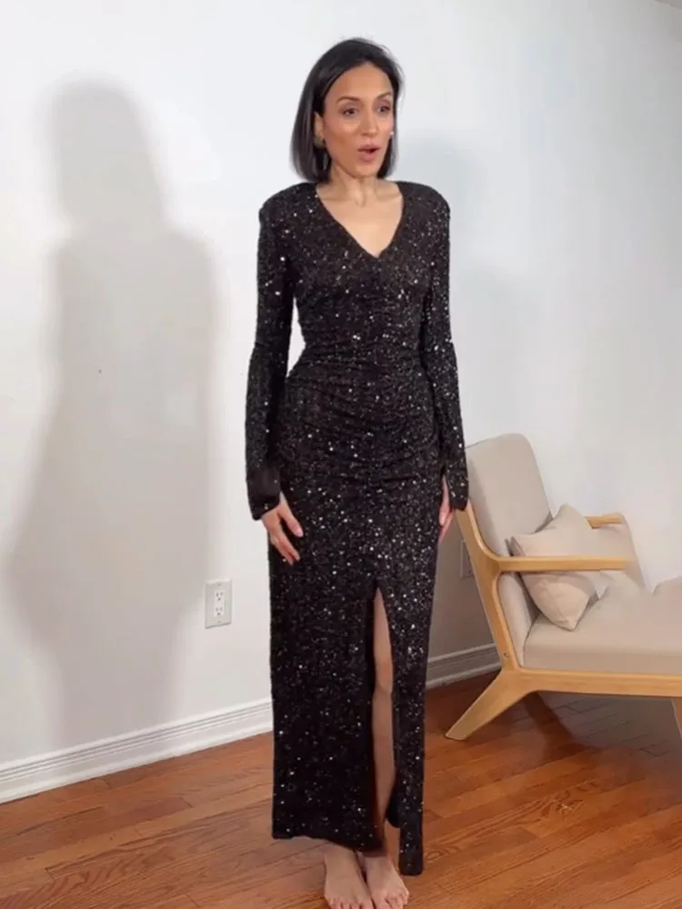 HH Abito lungo sexy da donna con scollo a V e paillettes con orlo a fessura Decorazione Abito lungo femminile elegante maniche lunghe Abiti da sera sottili