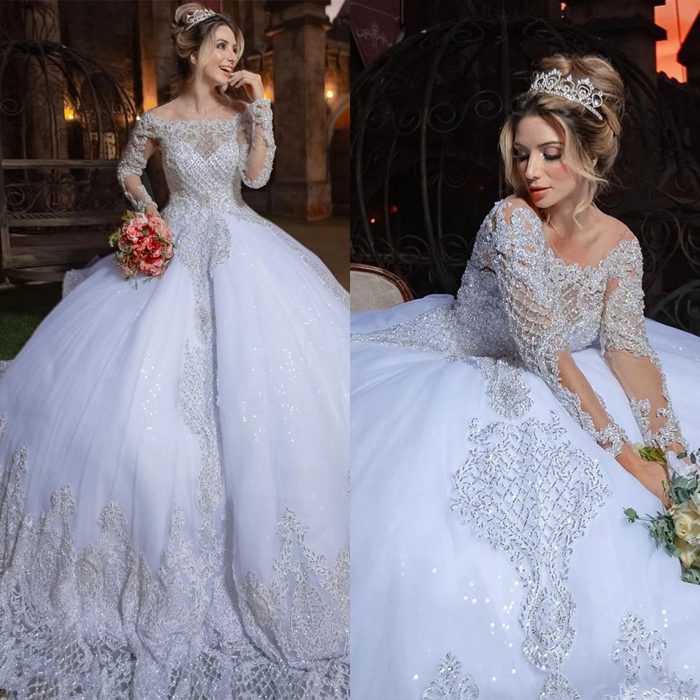 

Exquisite Court Wedding Dresses Boat Neck Full Sleeve Shine Appliques Bridal Gowns 2022 Floor-Length Brush Train Robe De Vestido