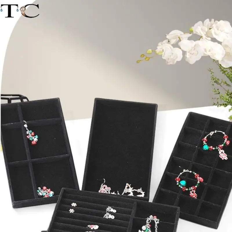 1pc Black Multifunctional Multi Specification Detachable Suede Jewelry Tray Earrings Ring Storage Box
