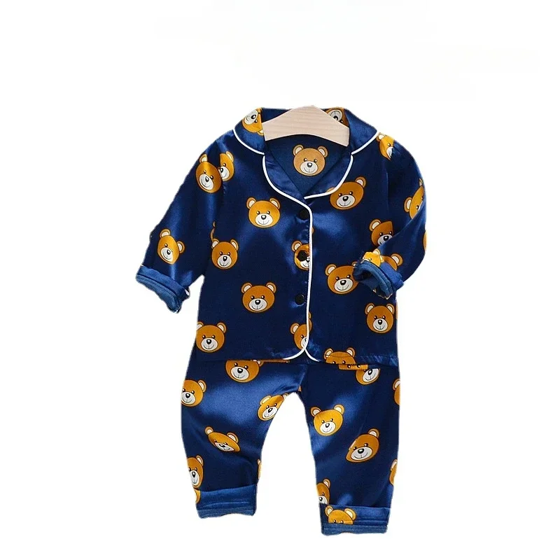 2pcs Boys Lounge Wear Button Down Long Sleeve Top & Elastic Waist Long Pants Bear Cartoon Pajamas