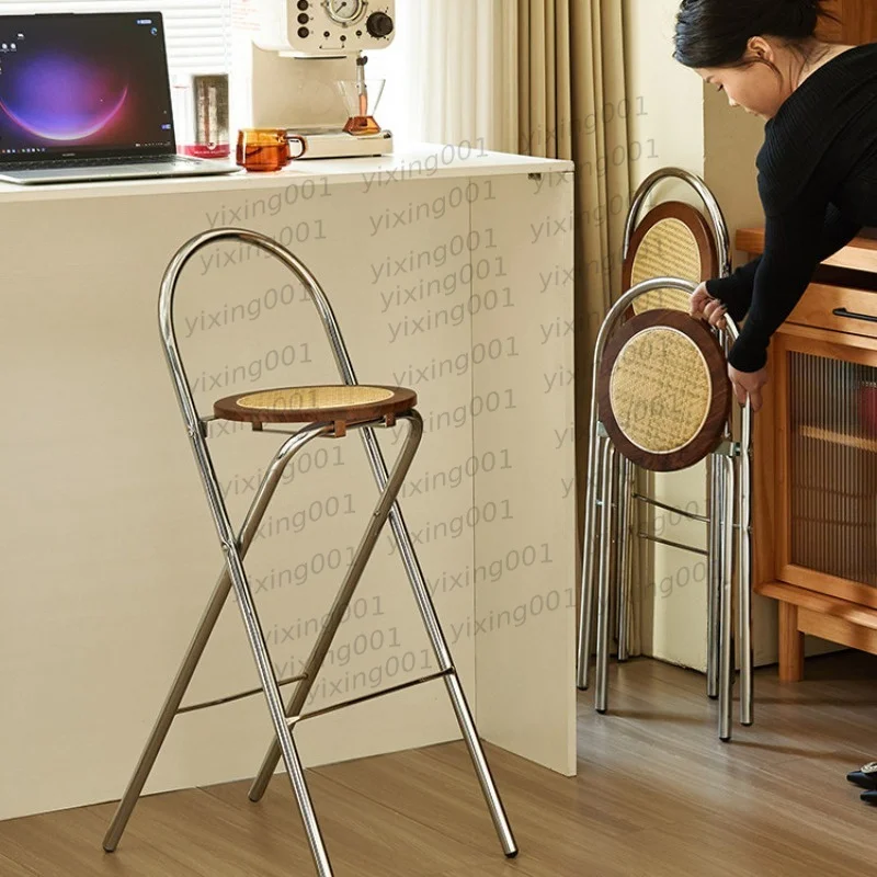 Vintage Folding Rattan Bar Stool Stackable Solid Wood High Chair with Back for Home Bar