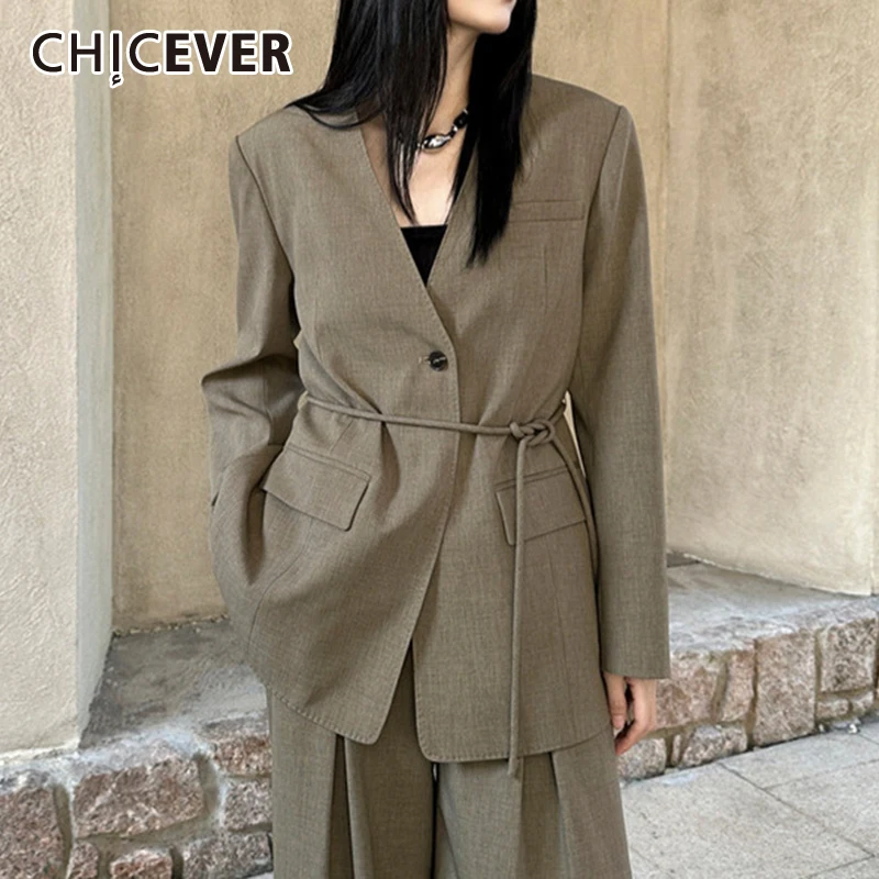 CHICEVER Office Lady Two Piece Set For Women V Neck Spliced Lace Up Blazer High Waist Wid Pants Female Solid Suit Female Clothes