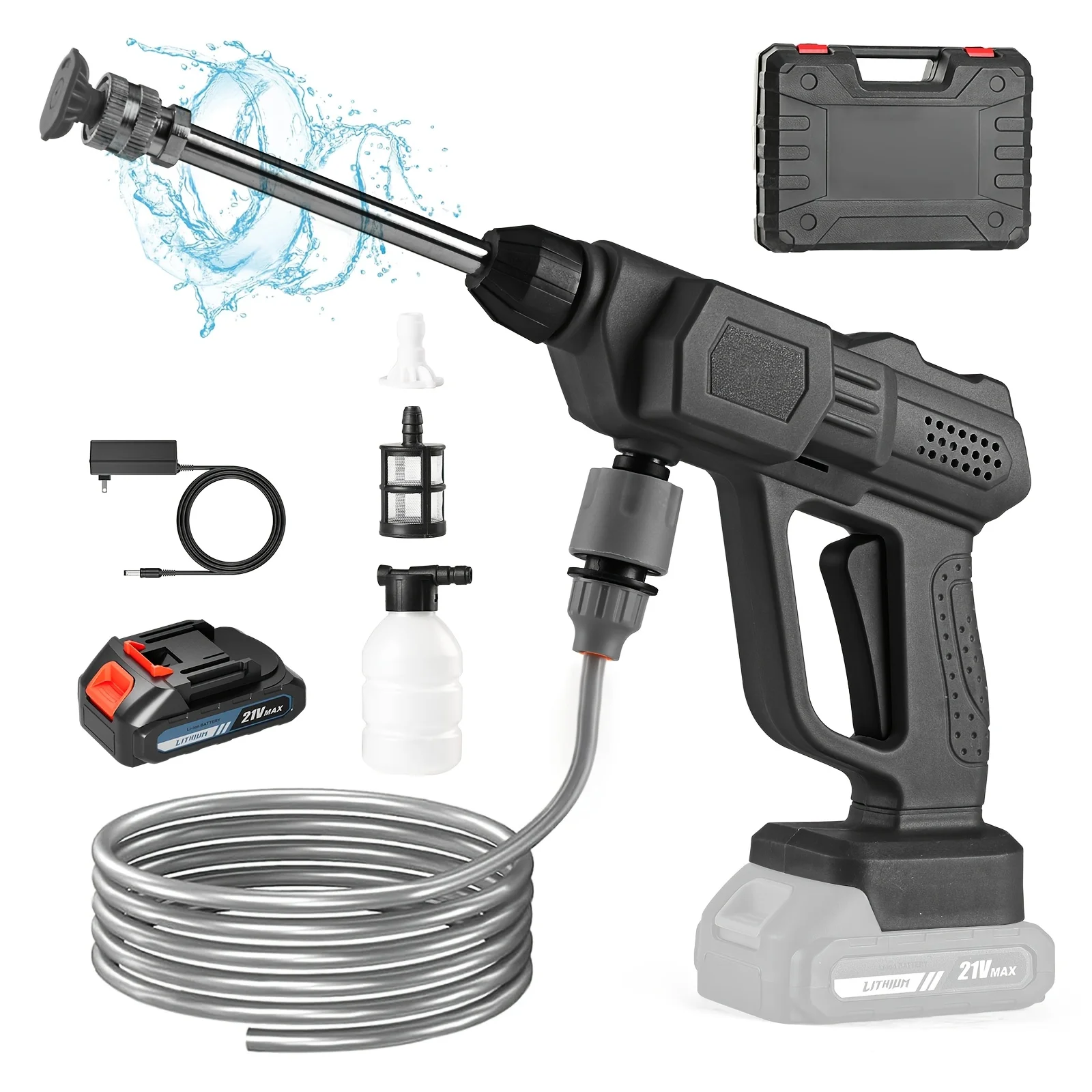 

Portable Cordless High-pressure Car Wash Machine, 500PSI Cordless Car Wash Machine, With 1/2 Batteries, 6-in-1 Nozzle, 5-meter Hose, Portable High-pressure Cleaning Machine For Car/fence/floor Cleaning And Watering, Is A Great Christmas Gift