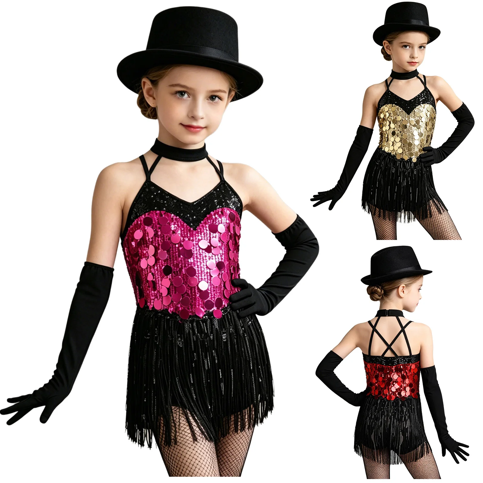 Kids Girls Tassels Latin Jazz Dance Dress Children Halter Sleeveless Sequins Fringed Dress for Carnival Festival Themed Parade