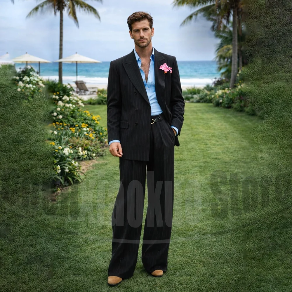

Black Striped Men Suit 2 Piece Double Breasted Peak Lapel Outfit Slim Business Casual Formal Wedding Groom Party Tuxedo