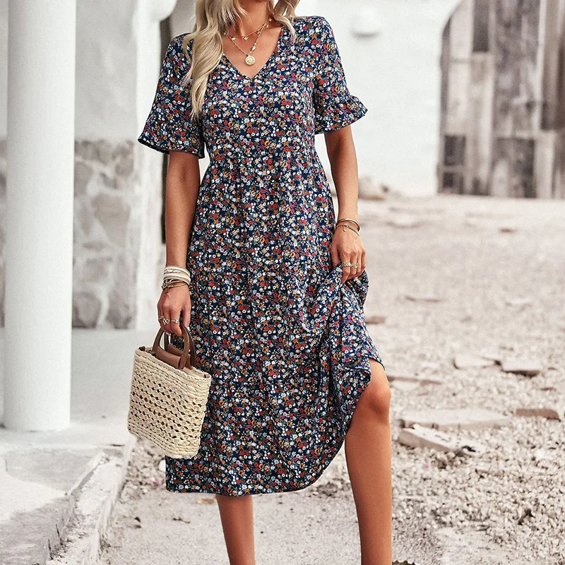 Boho Summer Women's V Neck Long Dress Elegant Floral Printed Short Sleeve High Waist A Line Casual Holiday Maxi Dresses Vestidos
