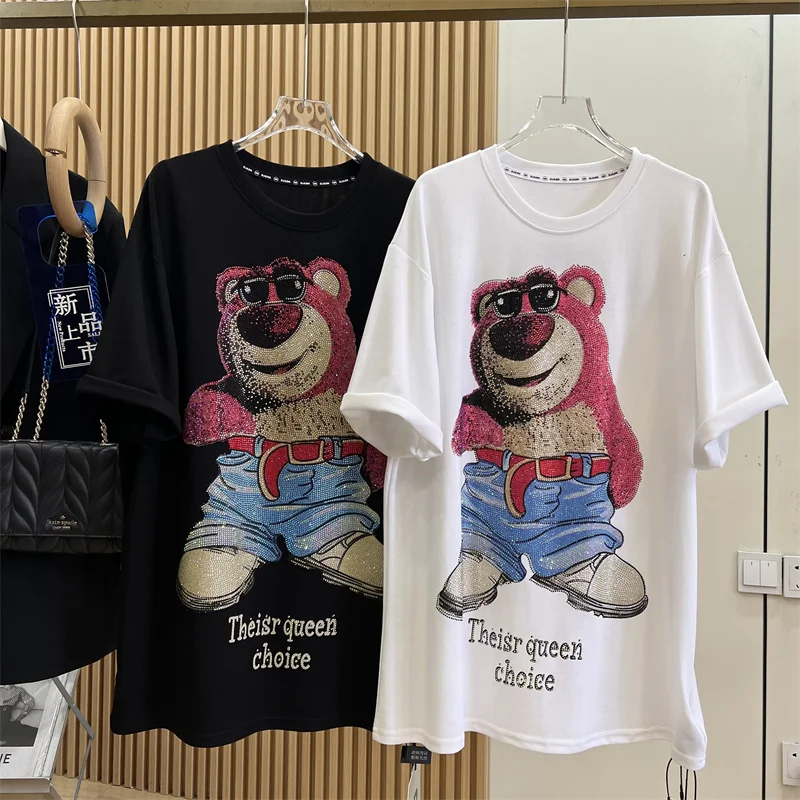 Fashion Cartoon Bear Rhinestone Top 2024 Summer New Loose Mid-Length Short Sleeve T-shirt Women Black Round Neck Casual Top