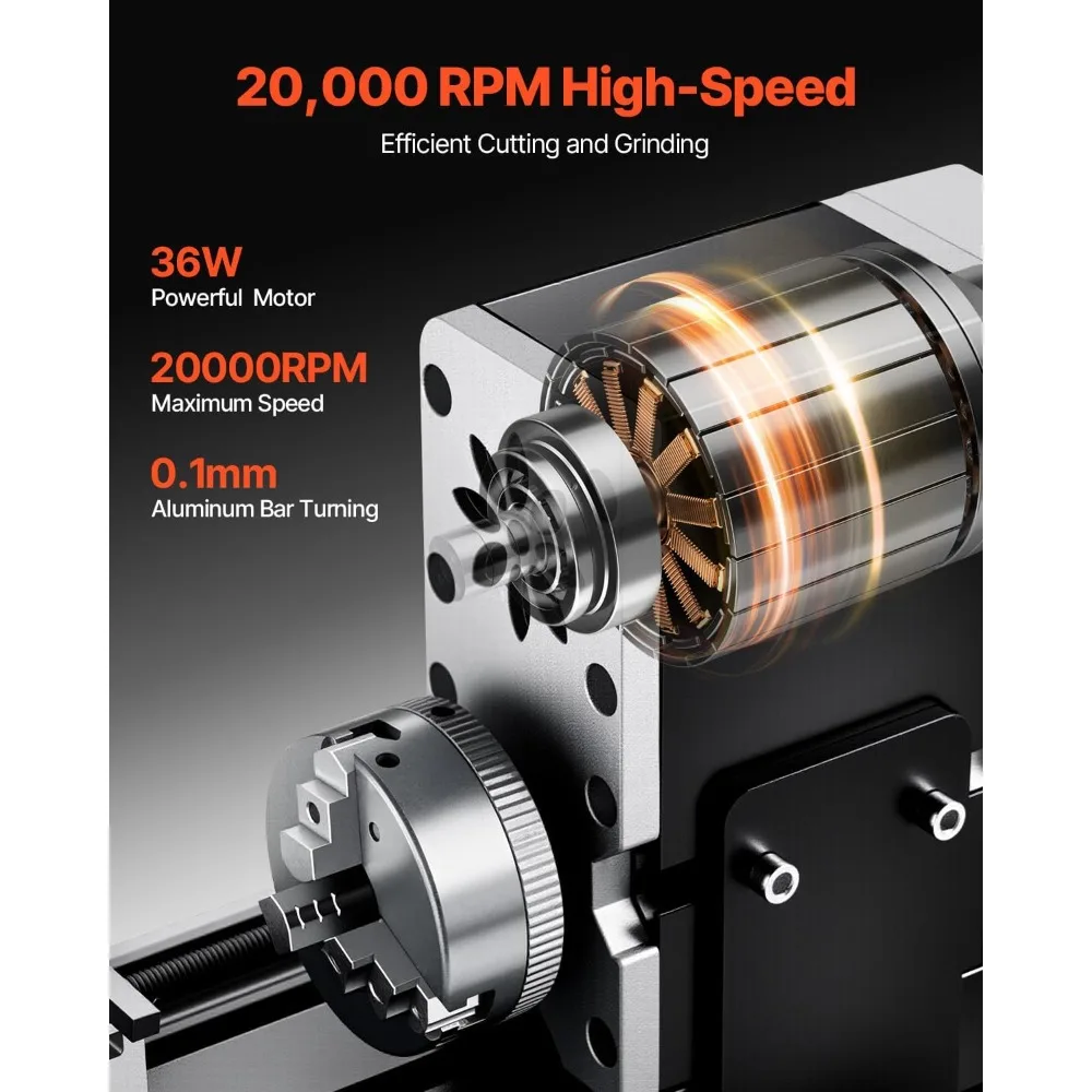 Didactical Mini Metal Lathe Machine, 2.76 x 5.12 in, 36W Power Metal Lathe, 20,000 RPM Speed, with 3-jaw Chuck, Aluminum A