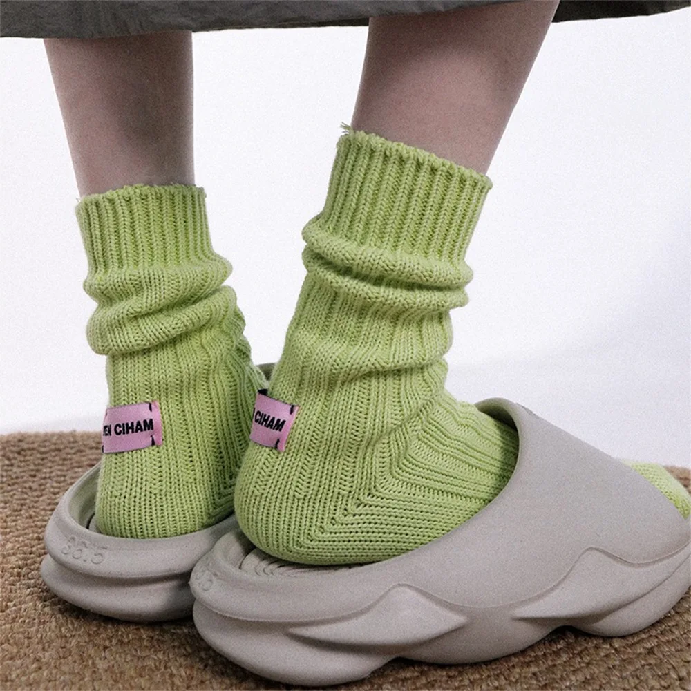 Koreanische Nadel Dicken Faden Gestrickte Mittelrohr Socken Baumwolle Japanische Rosa Label Paare SolidColor Socken Mid-rohr Warme Hause socke – Detail 12