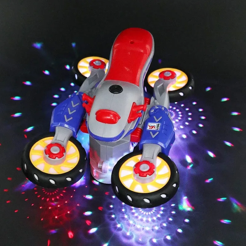 Transforming Motorcycle with LED Light Electric Motorcycle Music Toy for Toddler Kids Deformation Motorcycle 360° Spinning Stunt