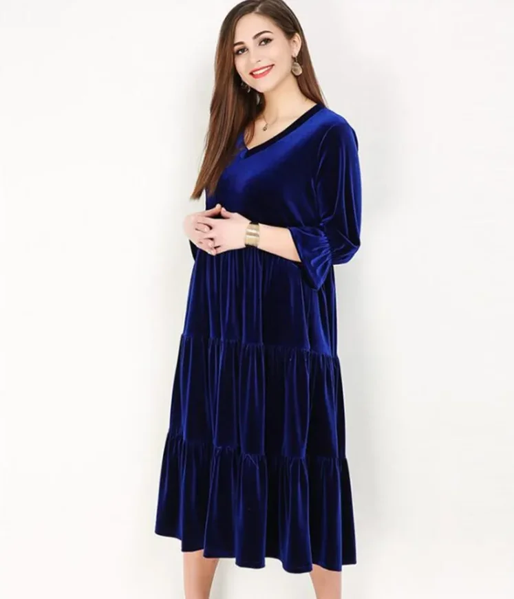 

Vintage Fall Dresses Hot sale Fashion Elegant Korean Velvet Party Dress Three Quarter Sleeve V Neck Dress Plus Size 8XL