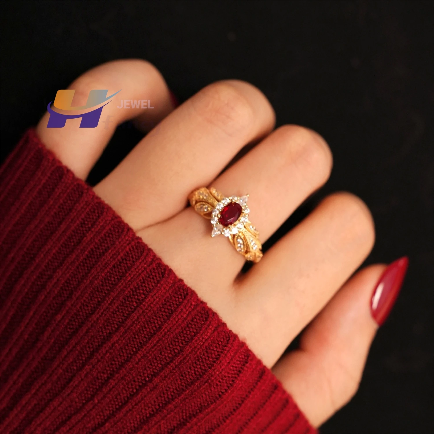 Bohemian Gothic Vintage Red Ruby Open Ring, Rhinestone Inlaid Slim Fit Dainty Jewelry for Girls, Romantic Anniversary Present