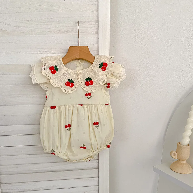 Baby Girl Bodysuit Lace Turn-Down Collar Triangle Romper Summer Thin Cotton Cute Newborn Soft Outfit For Photoshoot 0-24M