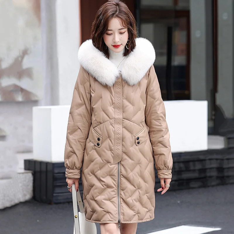 Women Leather Down New Coat Autumn Winter 2023 Fashion Hooded Fox Fur Collar Embossing Loose Thick Warm Sheepskin Down Jacket