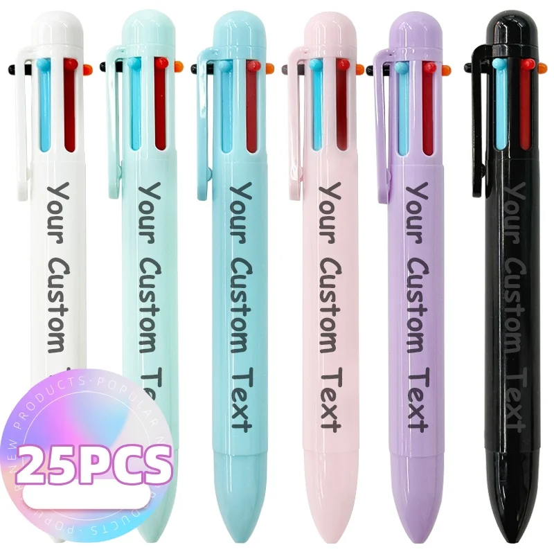 

Разноцветные ручки 6-в-1, 25 шт., выдвижные шариковые ручки, пластиковая ручка с настраиваемым логотипом для школы, офиса, рождественские подарки
