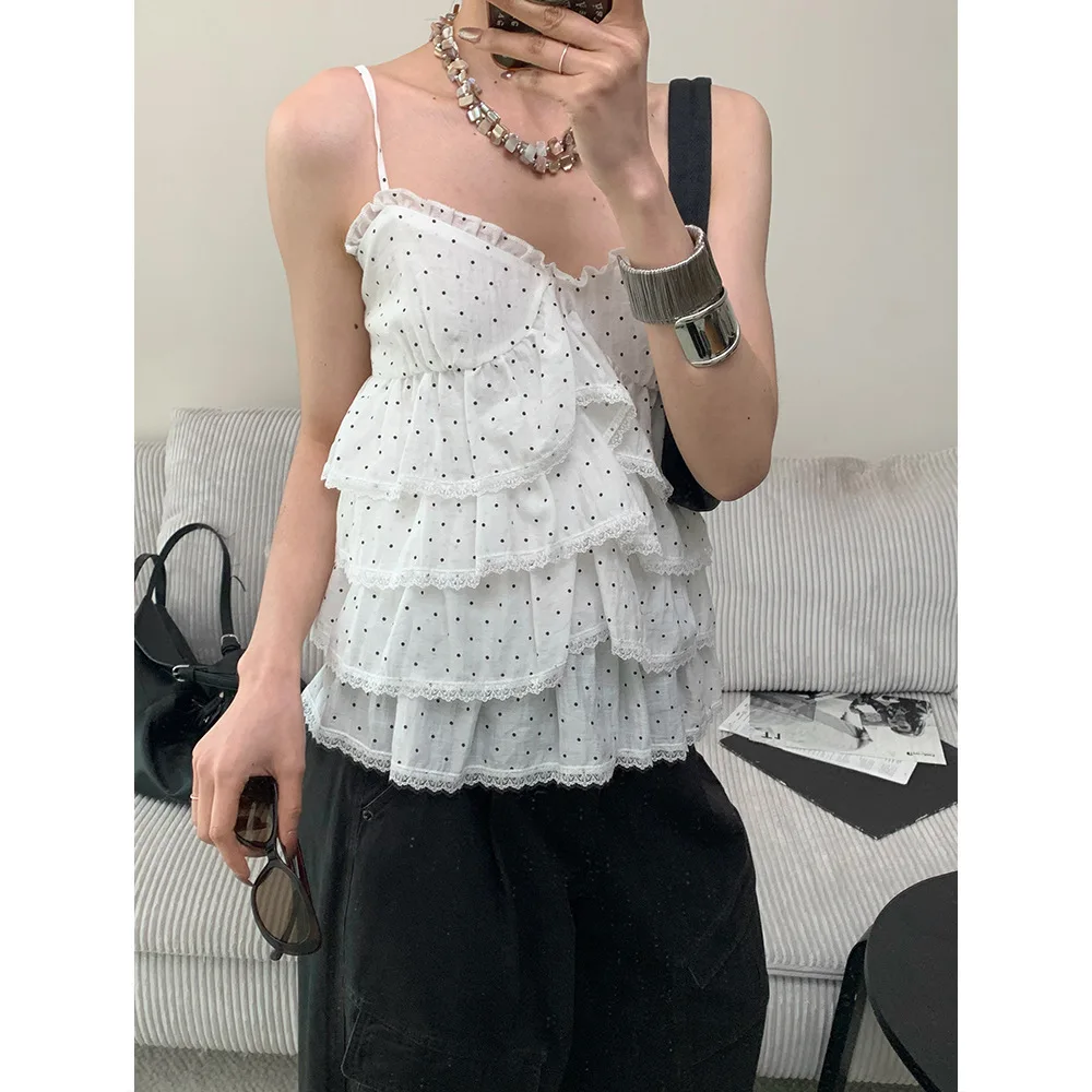 

Vintage Polka Dot Layer By Layer Sling Vest Women's Summer Lace Lace Sweet and Spicy Style Versatile Short Top