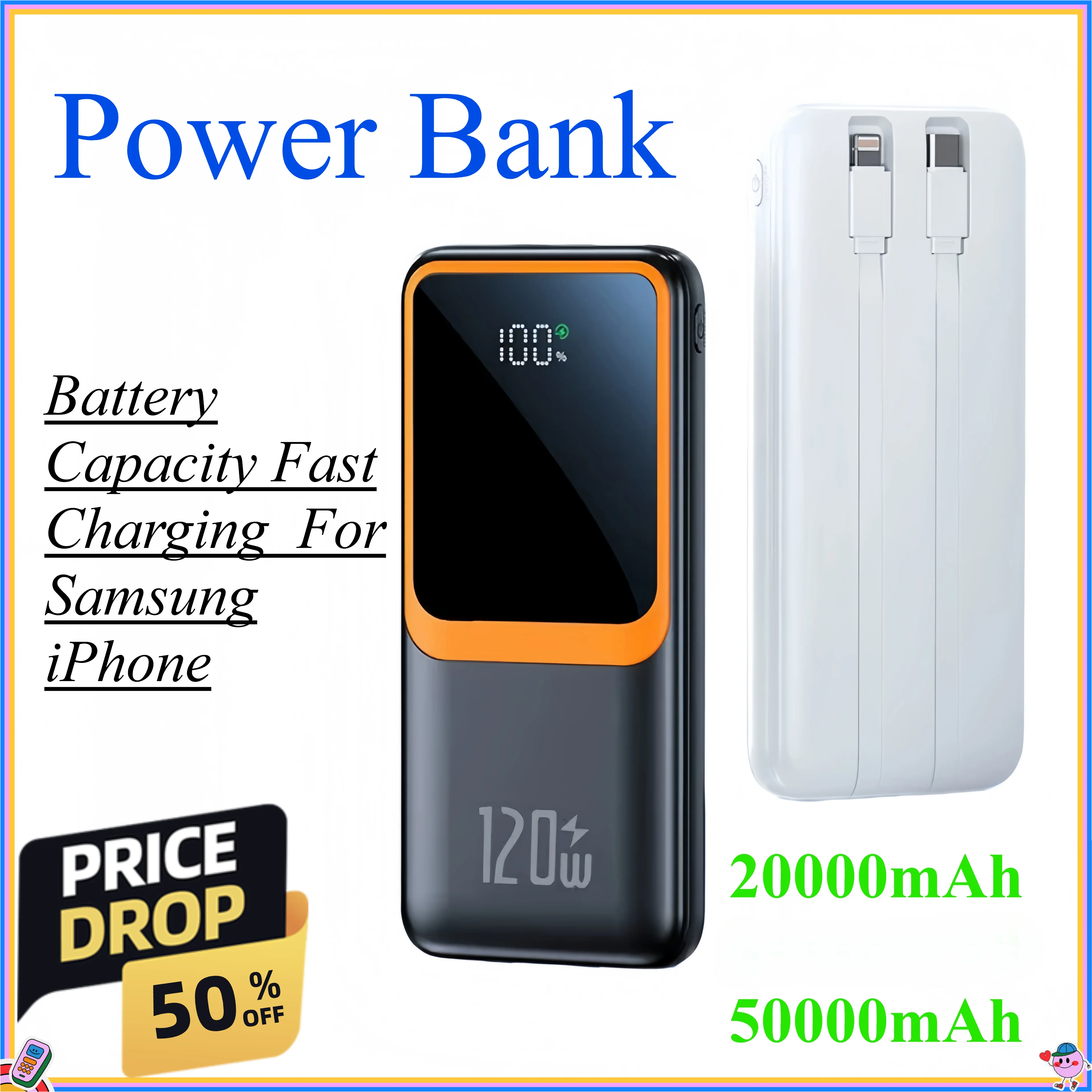 

20000mAh 50000mAh Power Bank External Large Battery Capacity Fast Charging Portable Charger For Samsung iPhone Xiaomi