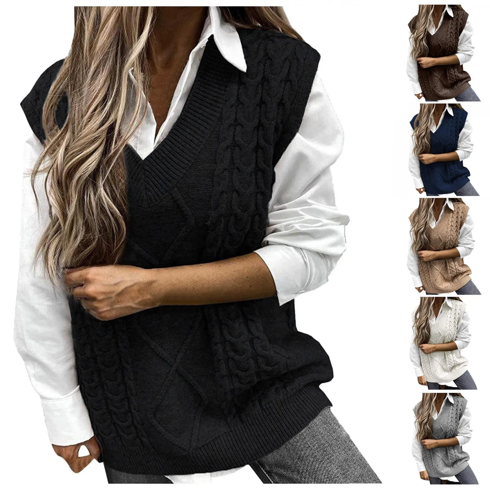 Women\'s Ladies Fashion Sweater Solid Color V-neck Sleeveless Dough Vest Sweater