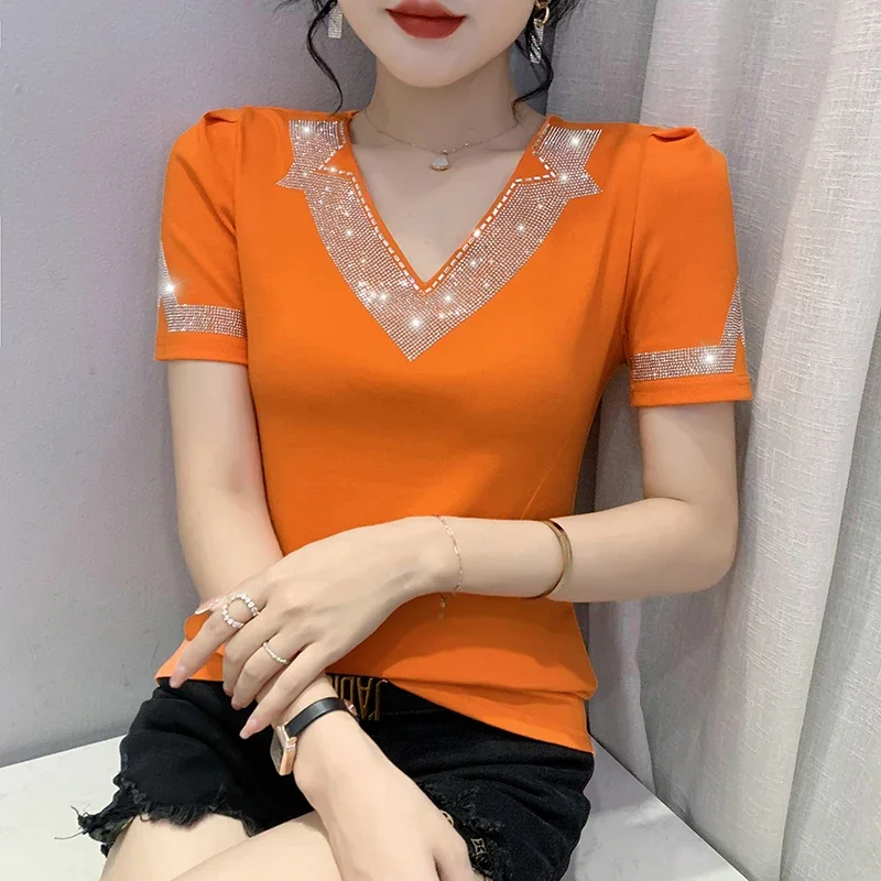 Damska koszulka T-shirt modna dekolt V Hot Diamond siateczkowe topy M-3XL Bluzki odzież nowa kolekcja lato 2025 krótki rękaw