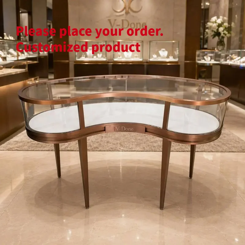 custom.Luxury C Curve Rose Gold Metal Jewellery Island Display Counter Tempered Glass Top Marble Liner Custom